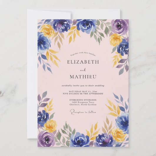 Blaue Lila Blumenhochzeit Einladung (Vorderseite)