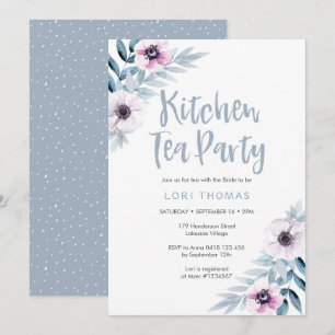 Blaue lila Blumenküchen-Tee-Party Einladung