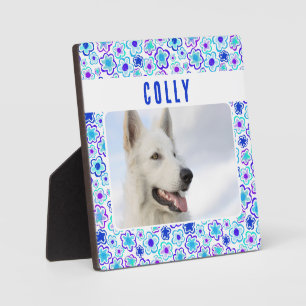 Blaue Lila Blumenmuster Haustier Hund Foto Erinner Fotoplatte