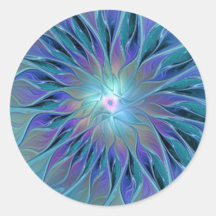 Blaue Lila-Blütentraum-Abstrakte Fraktal-Kunst Runder Aufkleber