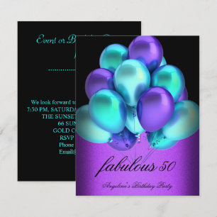 Blaue Lila Fabelhafte Schwarze Luftballons Party Einladung