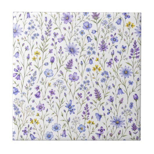 Blaue Lila Gelbe Aquarell-Wildblumenmuster Fliese (Vorderseite)