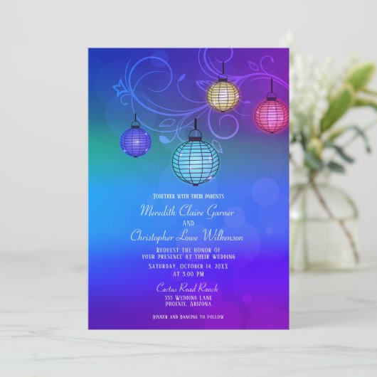 Blaue Lila Glühspießspanner Hochzeiten Einladung (Stehend Vorderseite)