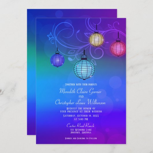Blaue Lila Glühspießspanner Hochzeiten Einladung (Vorne/Hinten)