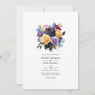 Blaue, lila, goldene und schwarze florale Hochzeit Einladung