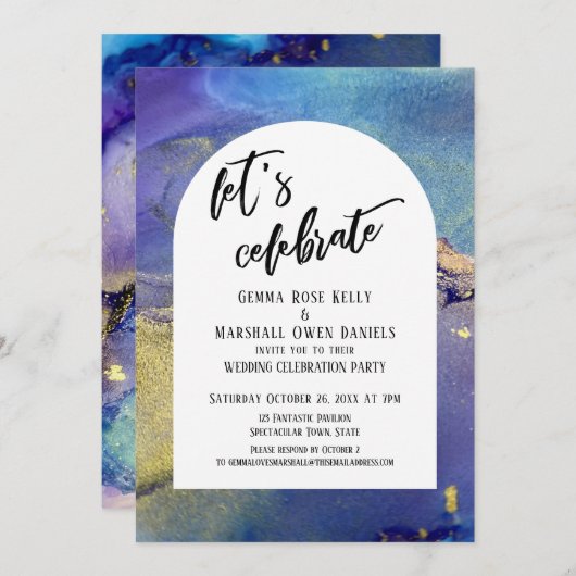 Blaue Lila Goldfarben Feiern Sie den Bogengang Einladung (Vorne/Hinten)