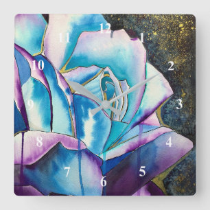 Blaue lila gotische Aquarellkunst Rose Quadratische Wanduhr