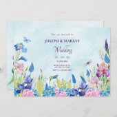 Blaue lila Hochzeit mit Blumenbezug Einladung (Vorne/Hinten)