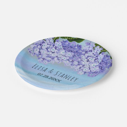 Blaue lila Hydrangea-Blume Hochzeit Pappteller (Schrägansicht)