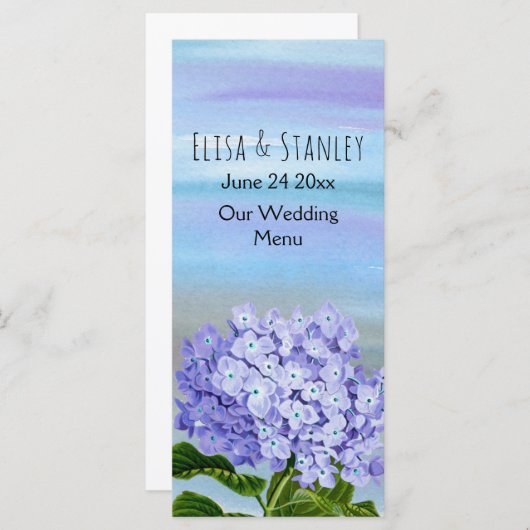 Blaue, lila Hydrangea Blume Hochzeitskarte Menükarte (Vorne/Hinten)