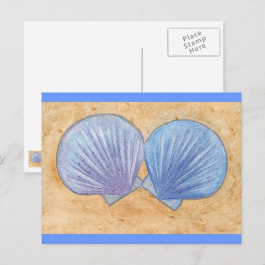 Blaue Lila Muscheln im Sand Postkarten (Vorne/Hinten)