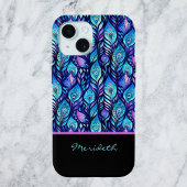 Blaue Lila Pfauenfedern auf Schwarzer Monogramm Case-Mate iPhone Hülle