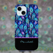 Blaue Lila Pfauenfedern auf Schwarzer Monogramm Case-Mate iPhone Hülle