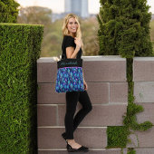 Blaue Lila Pfauenfedern auf Schwarzer Monogramm Tasche