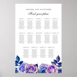 Blaue lila Rose. Hochzeitstabelle 14 Tische Poster