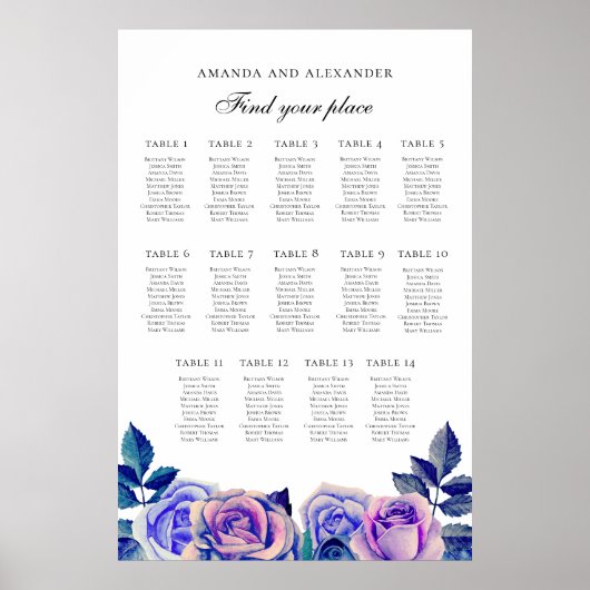 Blaue lila Rose. Hochzeitstabelle 14 Tische Poster (Vorne)