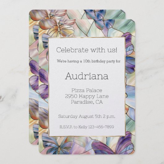 Blaue Lila Schmetterlinge zum Geburtstag Einladung (Vorne/Hinten)