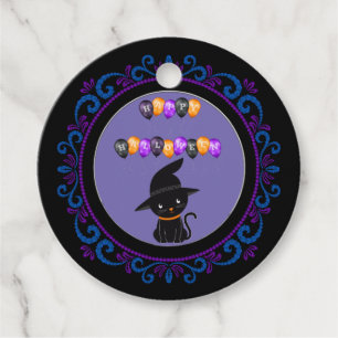 Blaue Lila Schwarze Katze Frohes Halloween Luftbal Geschenkanhänger