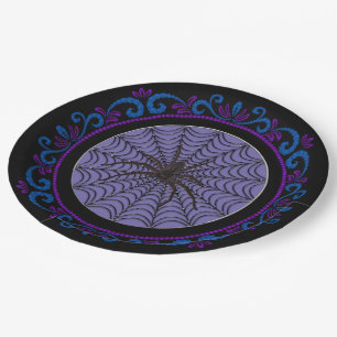 Blaue lila Spinnennetz und schwarze Spinne Hallowe Pappteller