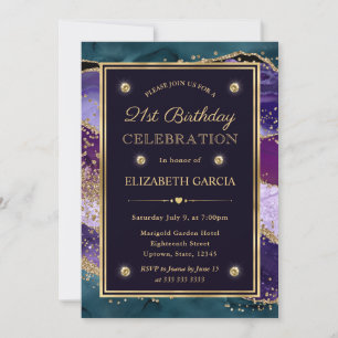 Blaue, Lila- und Gold-Glitter-Achat 21. Geburtstag Einladung