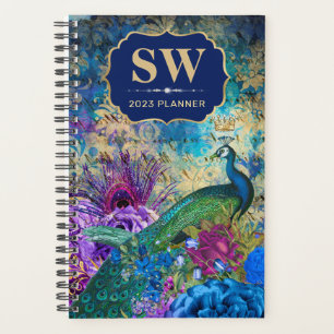 Blaue, lila und goldene Blumen-Pfau-Drucke im Vint Planer