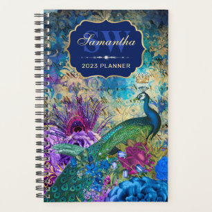 Blaue, lila und goldene Blumen-Pfau-Drucke im Vint Planer