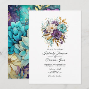 Blaue, lila und goldene florale Hochzeit Einladung