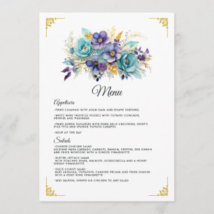 Blaue, lila und goldene florale Hochzeit Menükarte