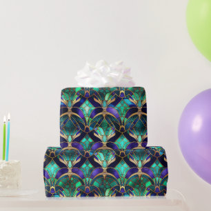 Blaue, lila und goldene Pfauen-Buntglas-Dekoration Geschenkpapier