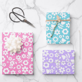 Blaue, Lila und rosa gemischte Frühlingsblumen Geschenkpapier Set
