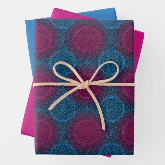Blaue Lila und rosa Zirkel Mandala Geschenkpapier Set (Beispiel)