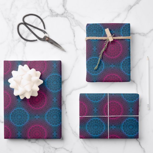 Blaue Lila und rosa Zirkel Mandala Geschenkpapier Set (Vorderseite)