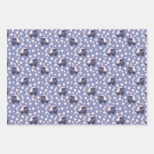 Blaue, Lila und weiße Kaninchen Ostern Geschenkpapier Set (Vorderseite)