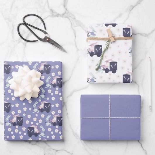 Blaue, Lila und weiße Kaninchen Ostern Geschenkpapier Set (Vorderseite)