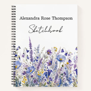 Blaue Lila Wildblumen-Aquarell-Skizzenbuch Notizblock