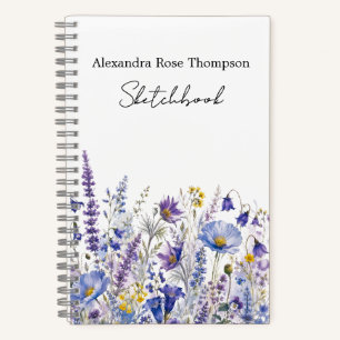 Blaue Lila Wildblumen-Aquarell-Skizzenbuch Notizblock