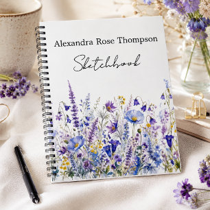 Blaue Lila Wildblumen-Aquarell-Skizzenbuch Notizblock