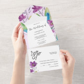 Blaue Lila Wildblumen Wasserfarbe All In One Einladung (Abreißen)