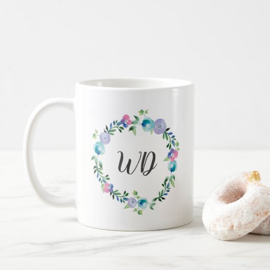 Blaue lila Wreath Watercolor Monogramm-mit Kaffeetasse (Mit Donut)