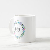 Blaue lila Wreath Watercolor Monogramm-mit Kaffeetasse (Vorderseite Links)