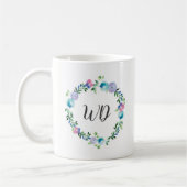 Blaue lila Wreath Watercolor Monogramm-mit Kaffeetasse (Links)