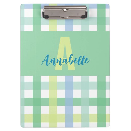 Blaue Limone Pastell Monogram Gingham Pattern Klemmbrett (Vorderseite)