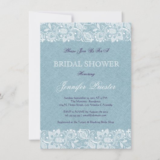 Blaue Linen Burlap & White Floral Lace 2 Einladung (Vorderseite)