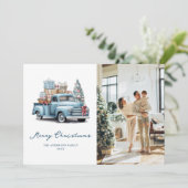 Blaue LKW Foto Weihnachtskarte Feiertagskarte (Stehend Vorderseite)
