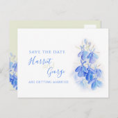 Blaue Lobelia Watercolorkunst Save the Date Ankündigungspostkarte (Vorne/Hinten)