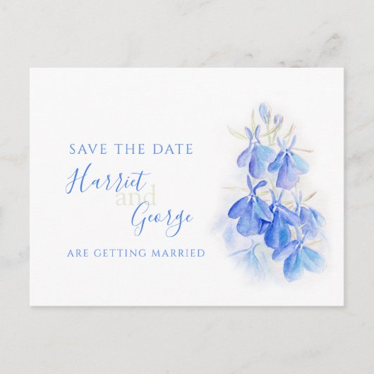 Blaue Lobelia Watercolorkunst Save the Date Ankündigungspostkarte (Vorderseite)
