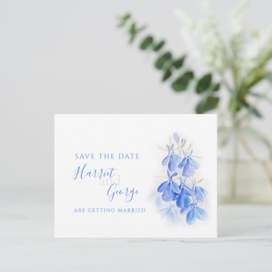 Blaue Lobelia Watercolorkunst Save the Date Ankündigungspostkarte (Stehend Vorderseite)