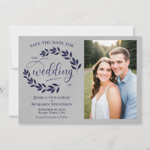 Blaue Lorbeerblätter Rustikale graue Hochzeitsfoto Save The Date