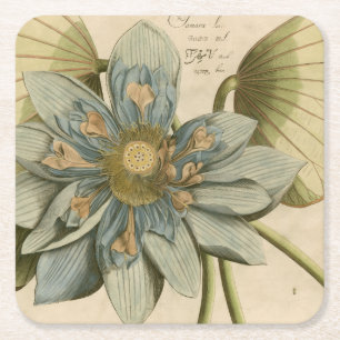 Blaue Lotusblüte auf braunem Hintergrund mit Schri Rechteckiger Pappuntersetzer