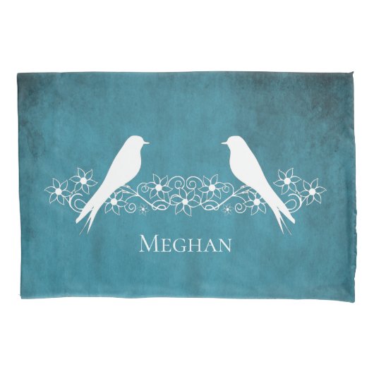 Blaue Lovebirts Blumensaft Pillowcase Kissenbezug (Vorderseite)